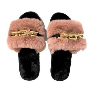 1008-Dusty Pink Golden Metal Faux Fur Slippers